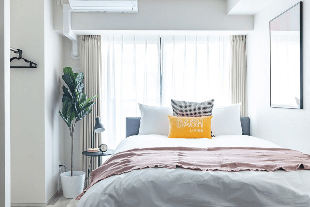 Modern bedroom with a neatly made bed, potted plant, and bright window.