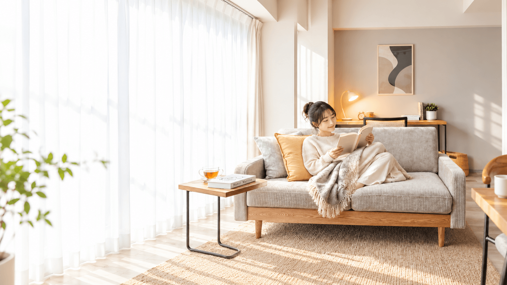 Woman relaxing on a sofa, reading a book in a sunlit modern living room.