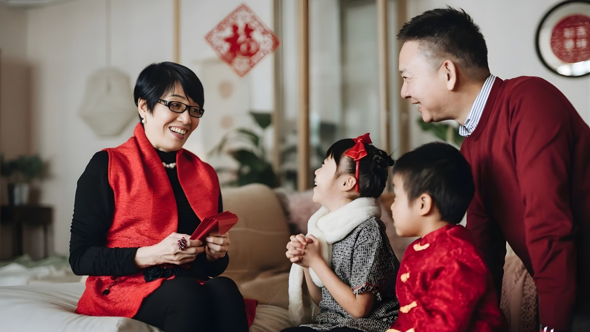 Family celebrating Chinese New Year, woman giving red envelopes to two children.