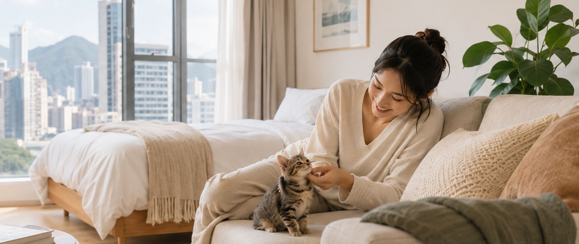 Woman pets a tabby cat on a couch in a bright apartment with a city view.
