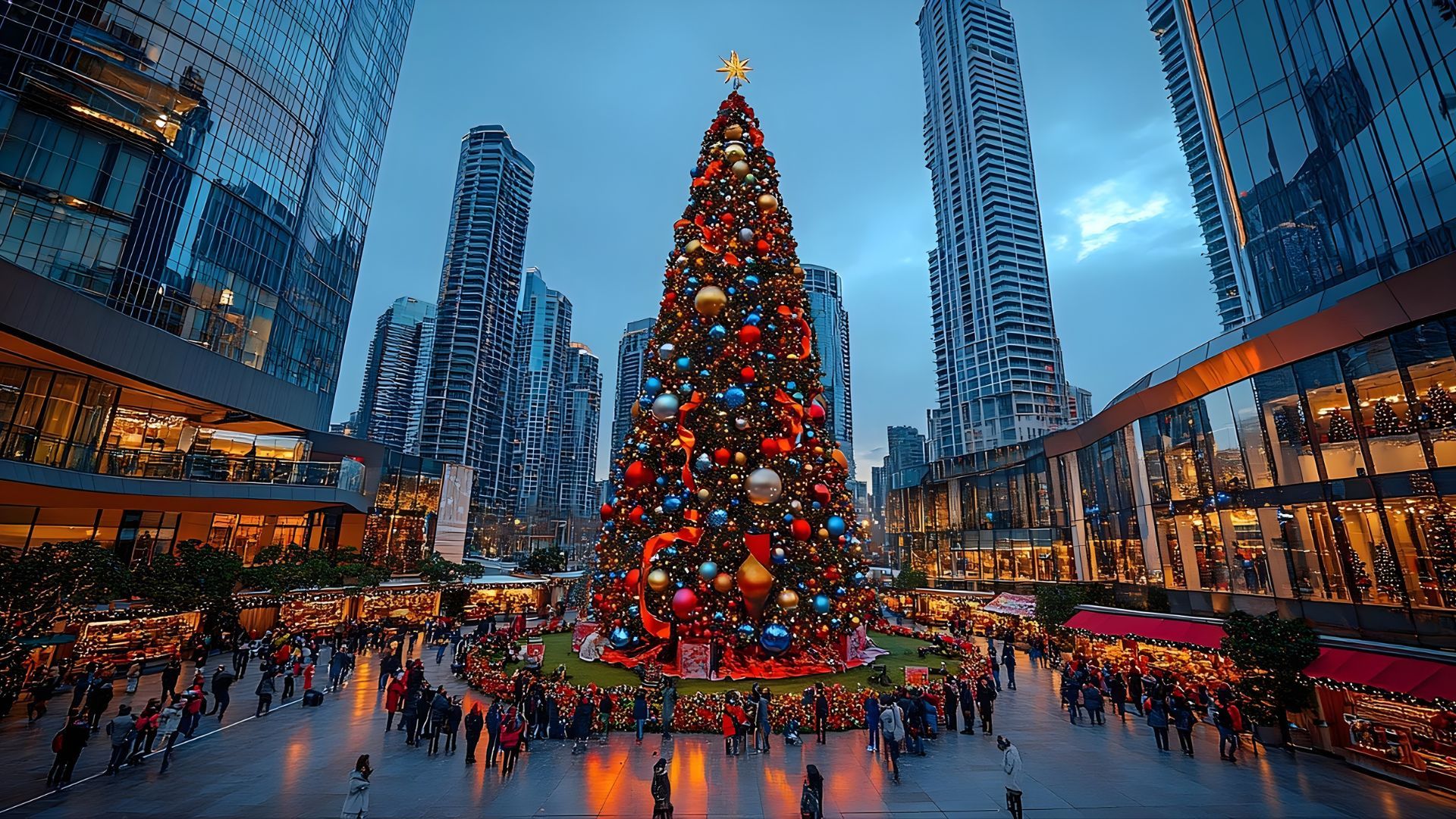 A large, decorated Christmas tree illuminated in a city square with skyscrapers and people.