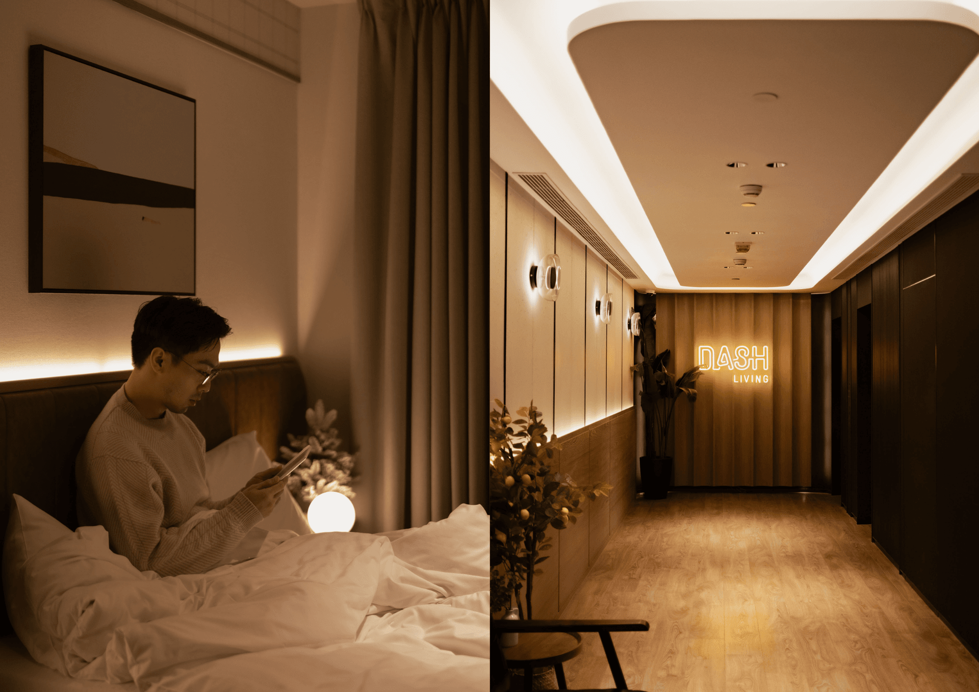 Modern hotel interior: a person in bed and a warmly lit 'DASH' hotel lobby.